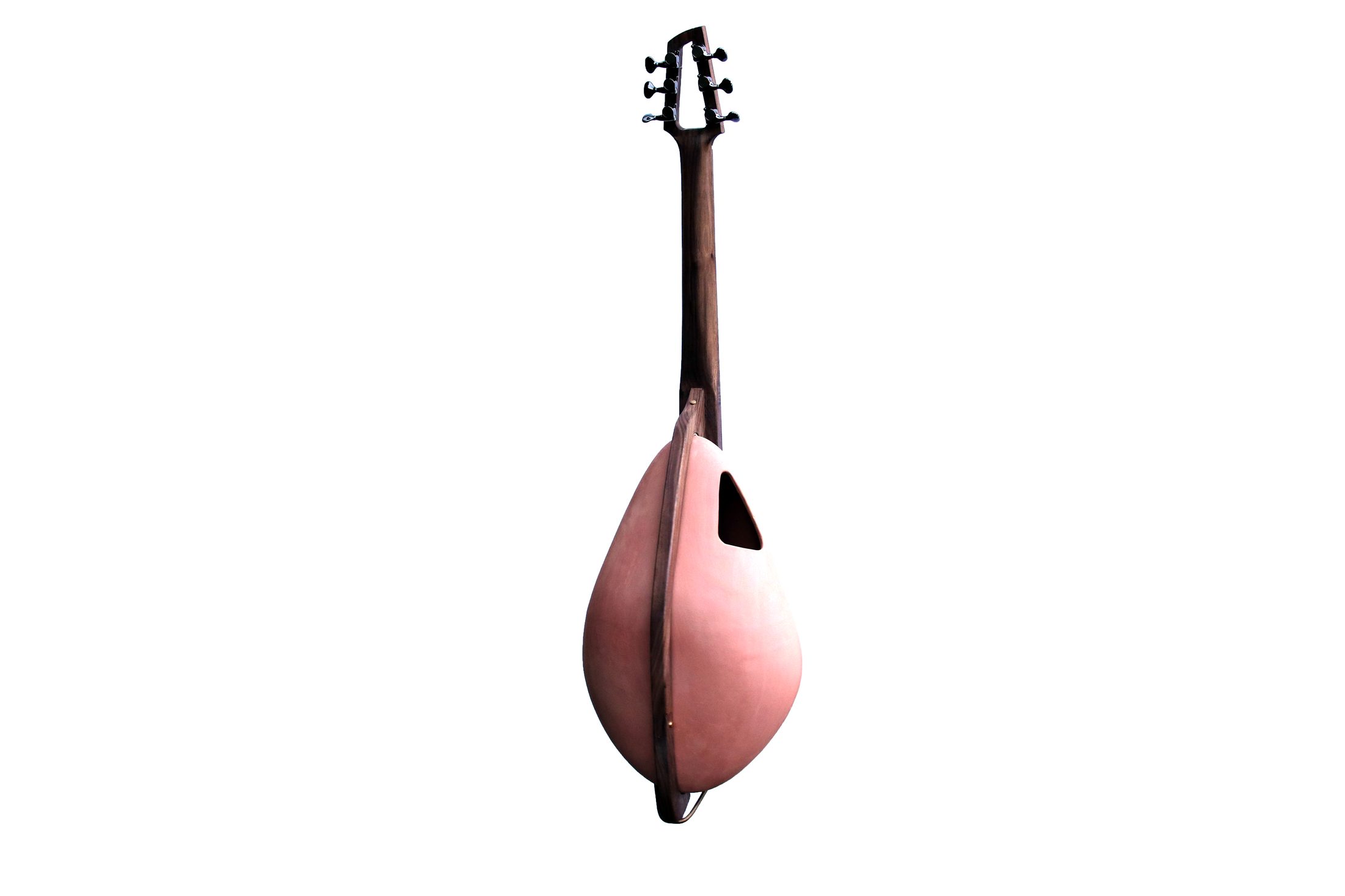 Three-quarter back of ceramic guitar